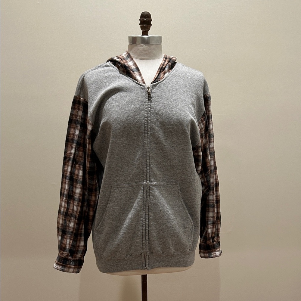 Furst of all Kind Women's Gray with Plaid Sleeves Zip Up Sweatshirt